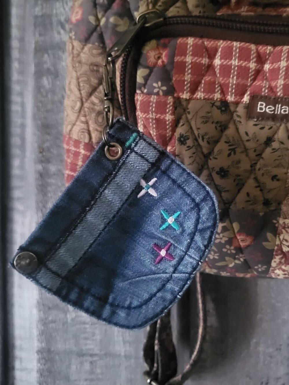 Handmade Upcycled Denim Pocket Keychain Bag Charm Embroidered